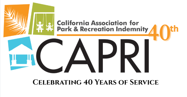 CAPRI logo, celebrating 40 years of service, with symbols of a leaf, swings, and a pavilion.