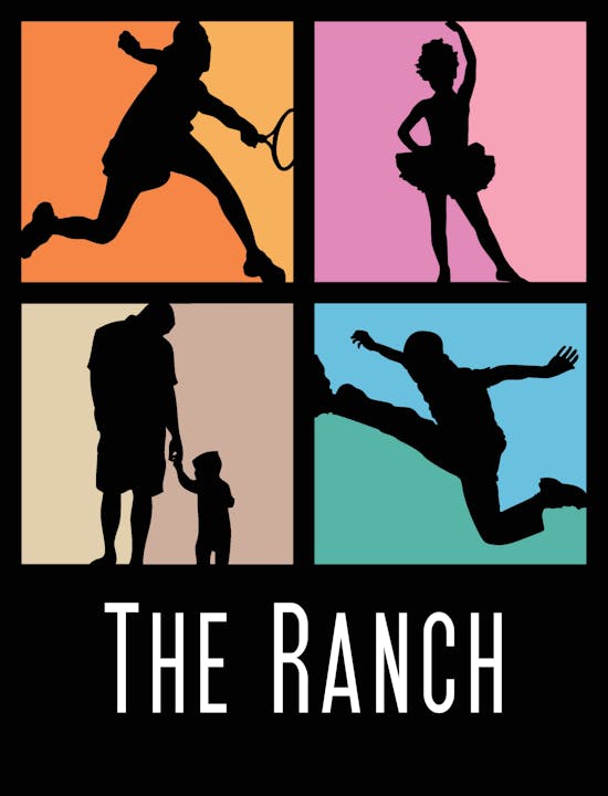 A design featuring silhouettes of children engaging in sports, dance, and family moments, labeled "The Ranch."