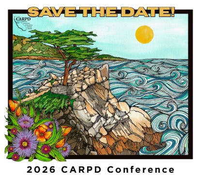 A colorful illustration promoting the 2026 CARPD Conference with a coastal landscape and the message "Save the Date!"