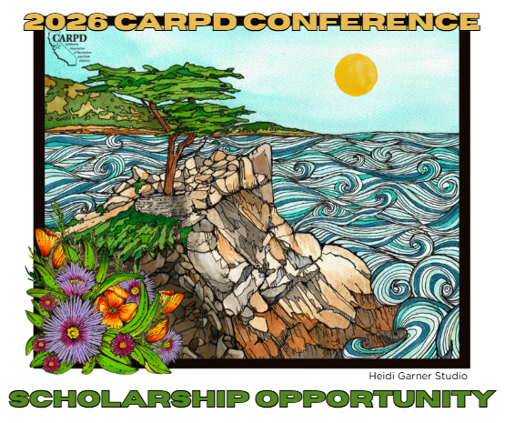 The image promotes the 2026 CARPD Conference and highlights a scholarship opportunity, featuring colorful artwork of a coastal scene.