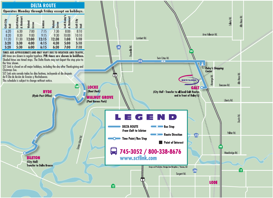 Map of the Delta Route bus service, operating Monday to Friday, with stops in Galt, Locke, Walnut Grove, and Isleton.