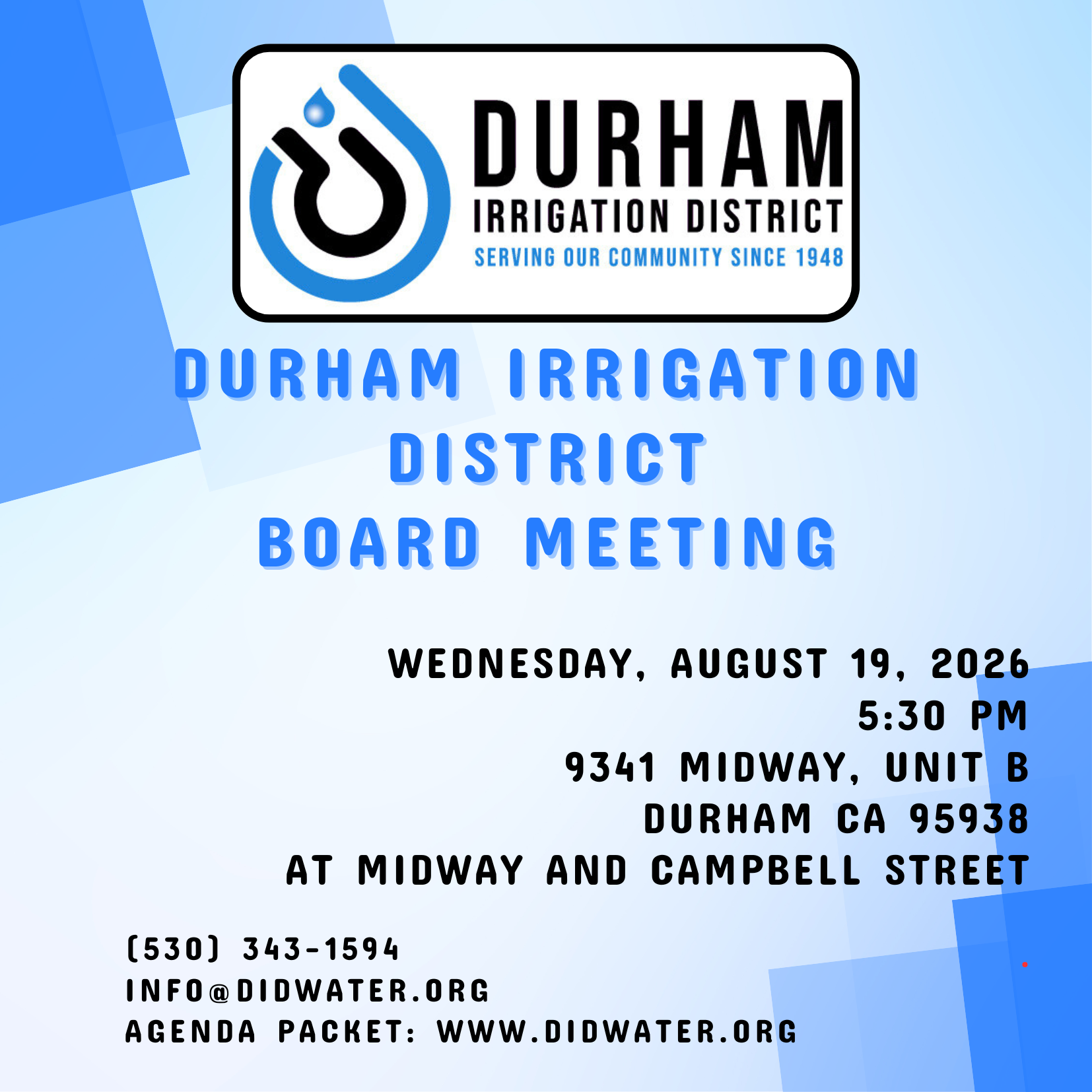 Durham Irrigation District board meeting on Aug 19, 2026, at 5:30 PM. Location: 9341 Midway, Unit B, Durham, CA 95938.
