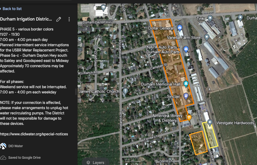 Aerial map image showing planned repair areas in three phases bounded in orange and yellow from Durham-Dayton Highway south to approximately Sakley Street and from Goodspeed east to Midway.