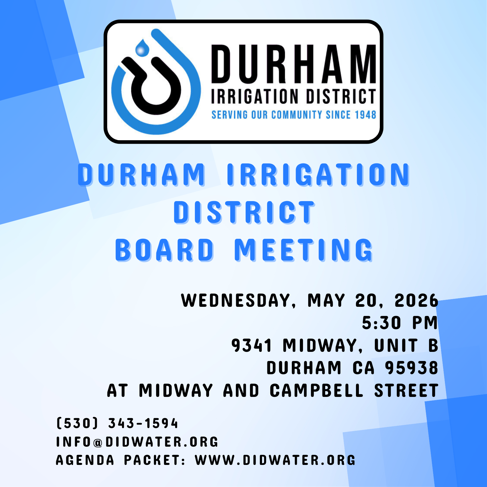 Announcement of the Durham Irrigation District Board Meeting on May 20, 2026, at 5:30 PM, 9341 Midway, Durham, CA.