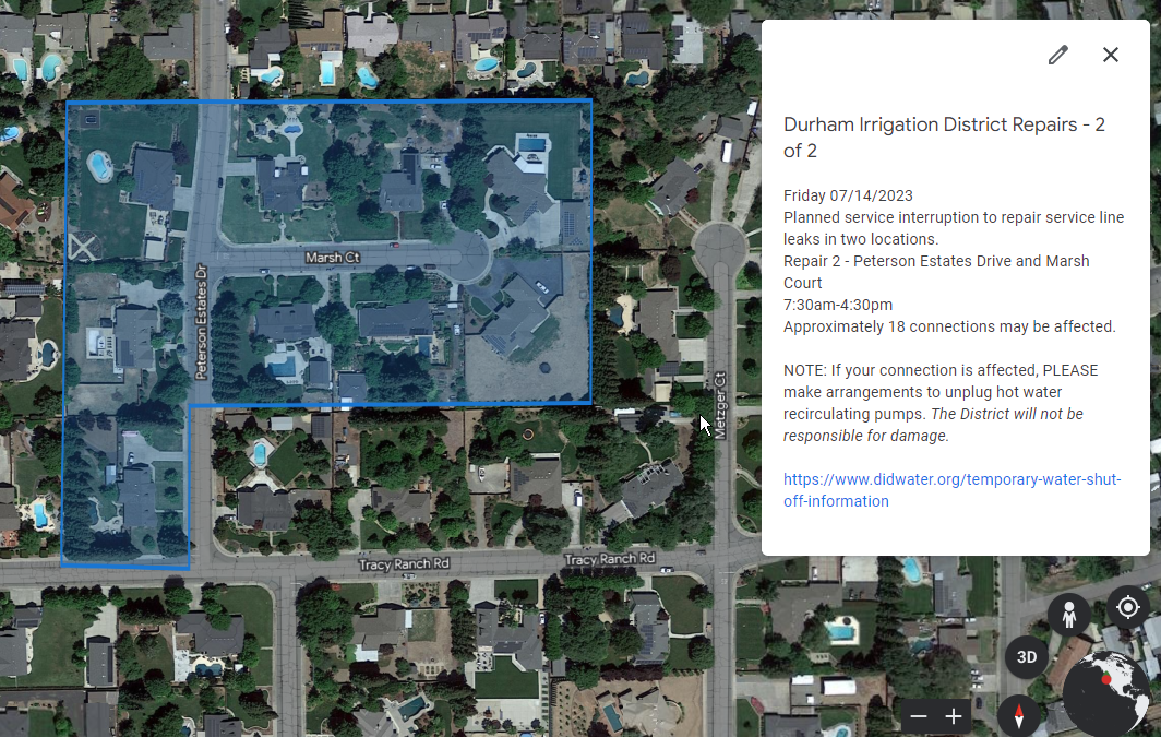 Aerial map image showing planned repair area bounded in blue - in the area of the intersection of Peterson Estates Drive and Marsh Court.