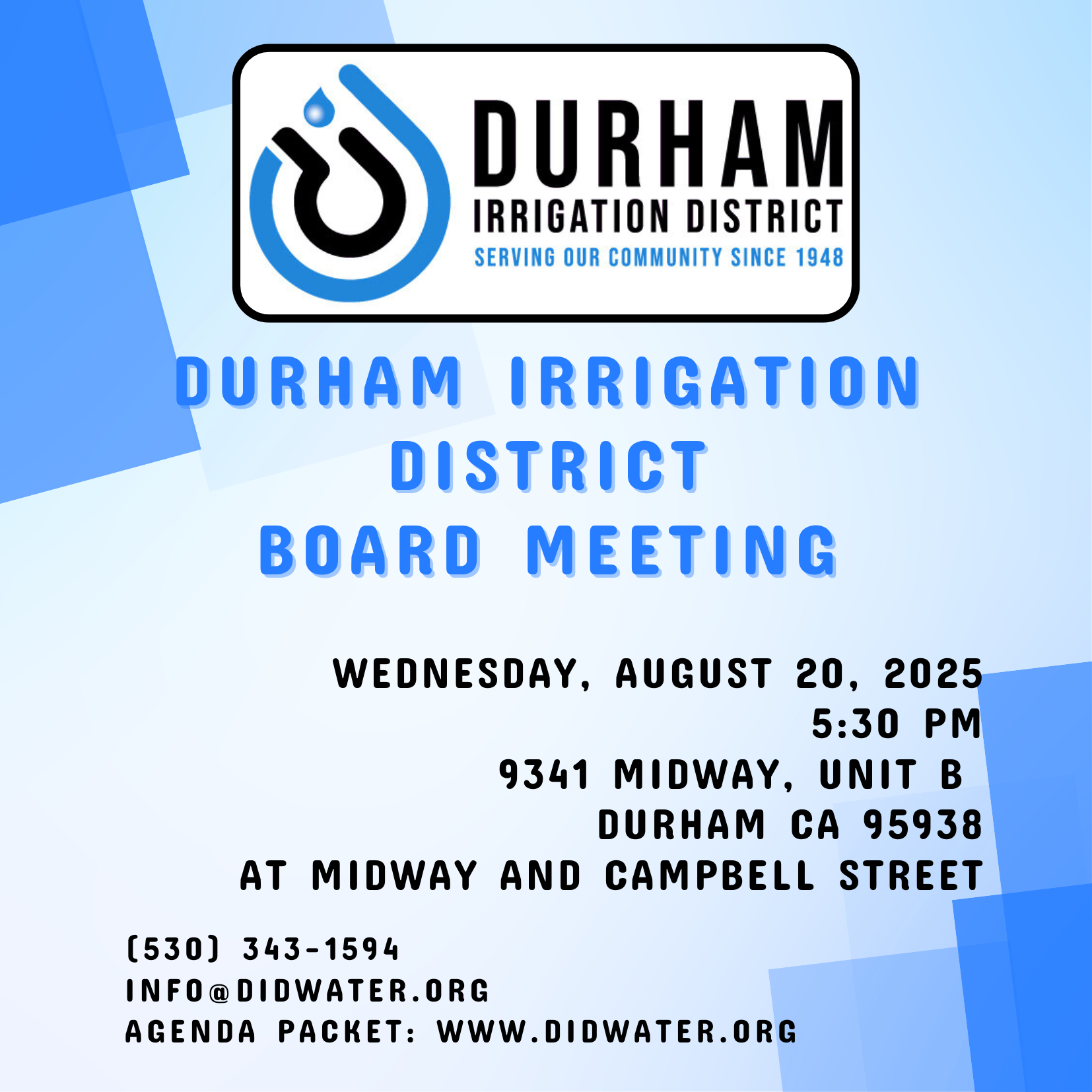 Durham Irrigation District board meeting on August 20, 2025, 5:30 PM, at 9341 Midway, Unit B, Durham, CA. Contact info@didwater.org.
