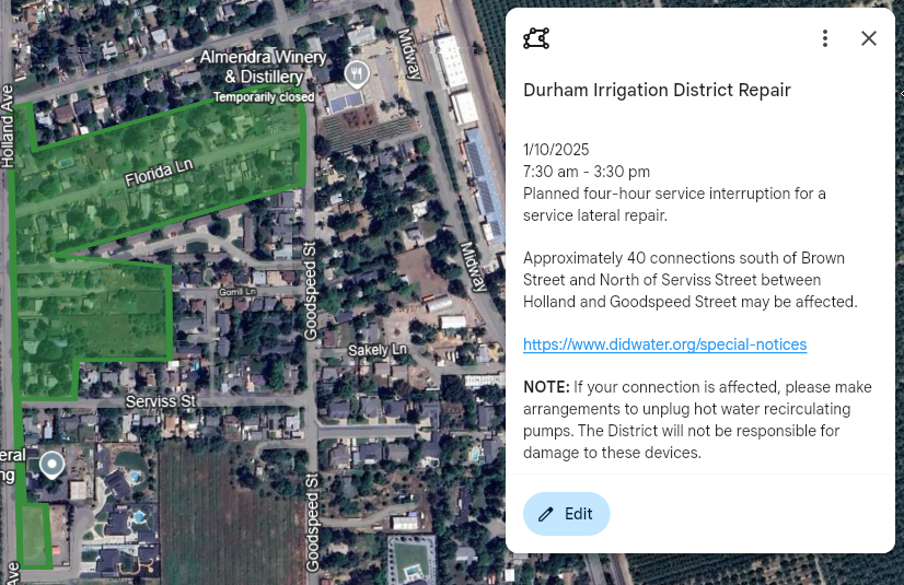 Aerial map of the affected repair area in green for 1/10/2025, affecting connections south of Brown Street and north of Serviss Street between Holland and Goodspeed Street.