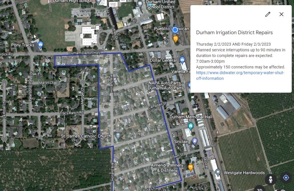 Aerial view of shut off area - blue line enclosing an area bounded by Florida Lane to north to Durham-Dayton Highway and Peterson Estates Drive and east to Goodspeed.