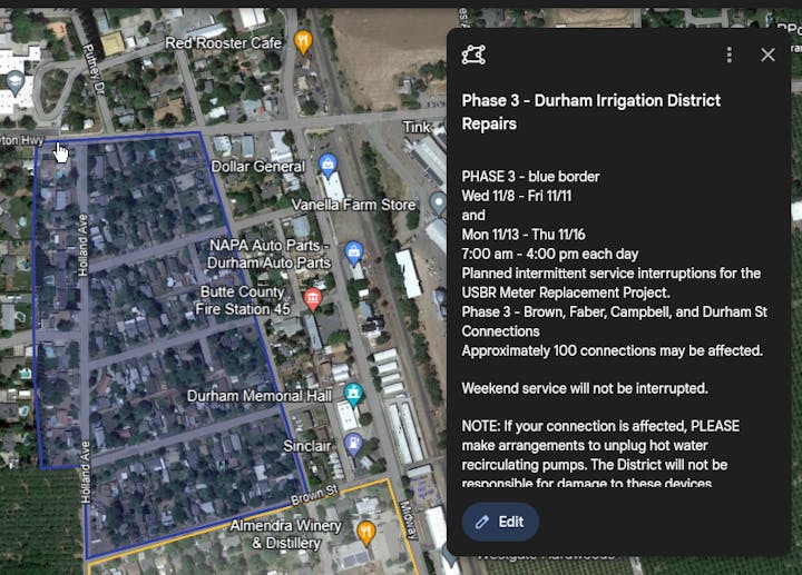 Aerial map image showing planned repair area bounded in blue - area bounded by bounded by Durham-Dayton Highway south to Brown Street and Holland to Goodspeed.