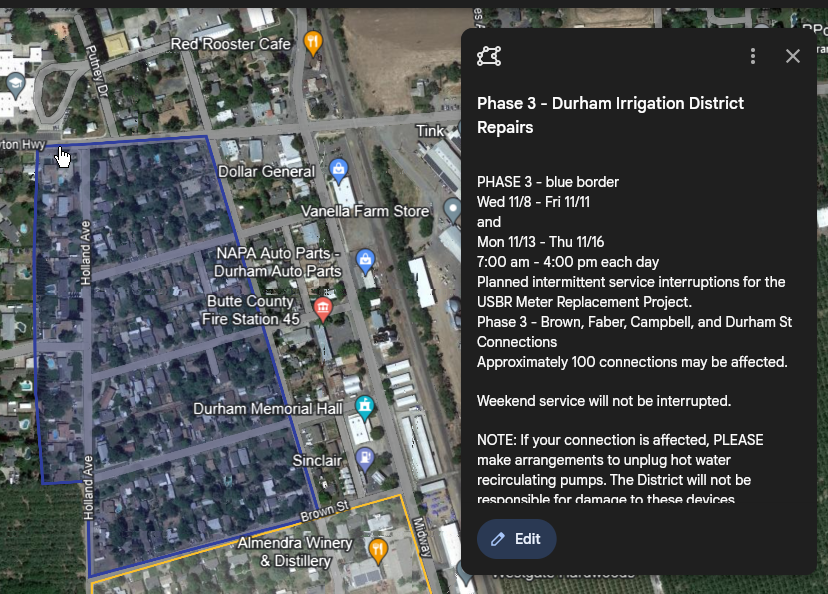 Aerial map image showing planned repair area bounded in blue - area bounded by bounded by Durham-Dayton Highway south to Brown Street and Holland to Goodspeed.