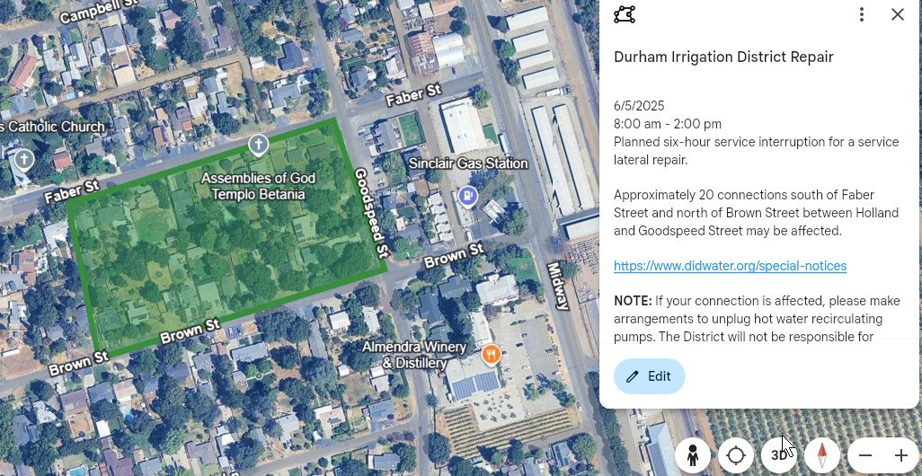 Map showing Durham Irrigation District repair notice for 6/5/2025, affecting south of Faber Street and north of Brown Street between Holland and Goodspeed Street highlighted and outlined in green.