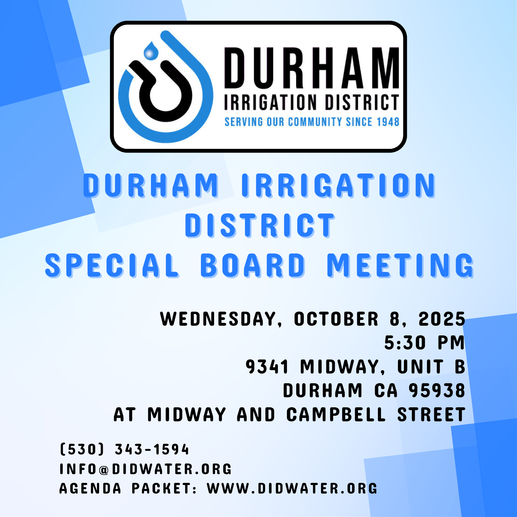 Durham Irrigation District Board Meeting info for October 8, 2025, 5:30 PM at 9341 Midway, Durham, CA. Contact: info@didwater.org