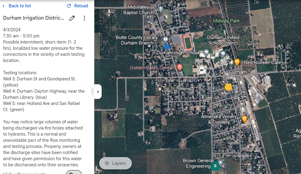 Aerial map image showing three planned testing areas in areas bounded in blue, green and yellow. The map area includes all of the Durham community.