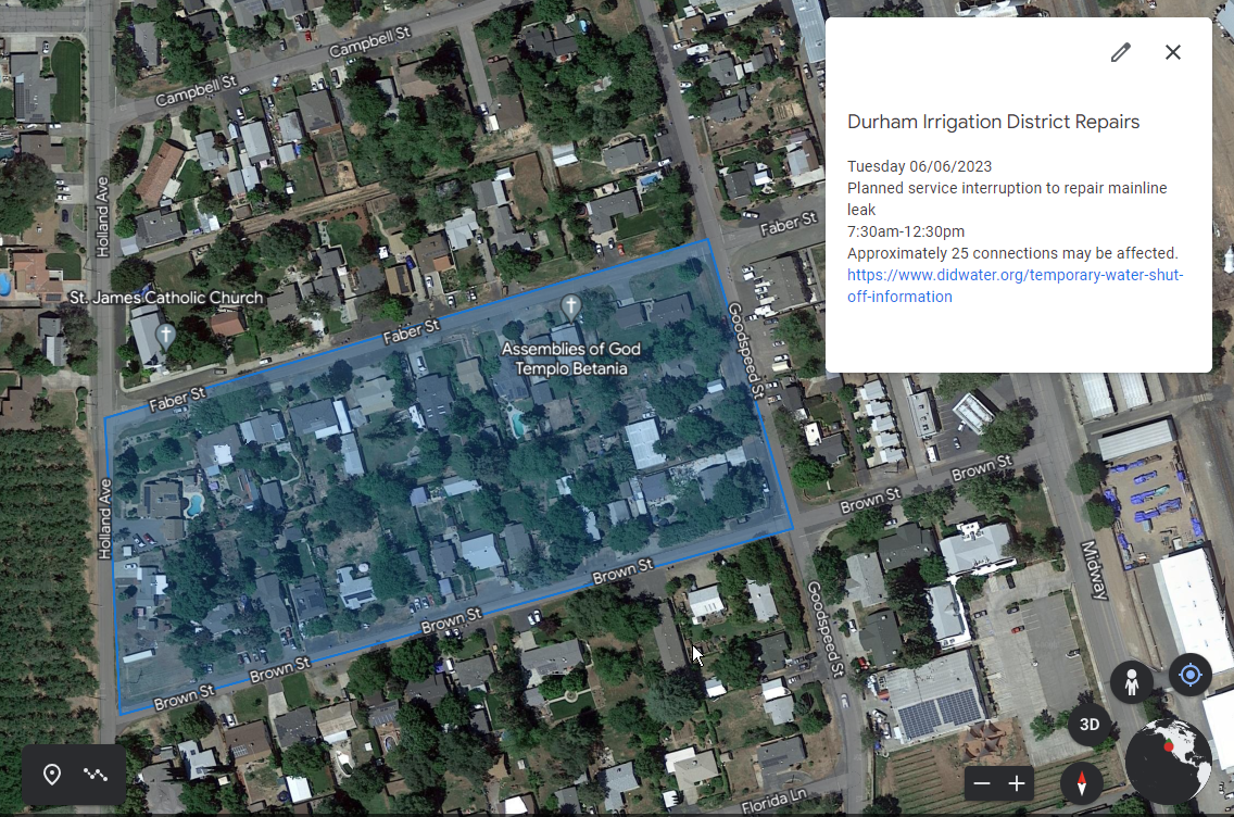 Aerial map image showing planned repair area bounded in blue - between Brown and Faber and Holland and Goodspeed.