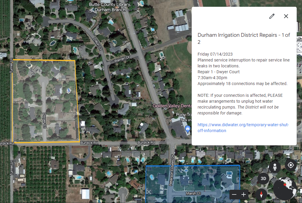 Aerial map image showing planned repair area bounded in yellow - in the area of Dwyer Court.