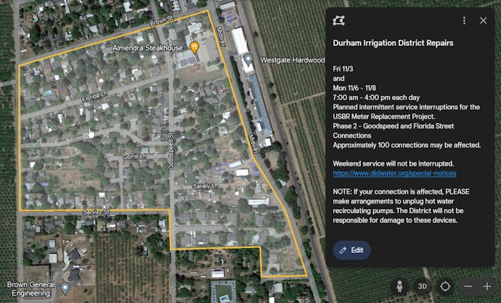 Aerial map image showing planned repair area bounded in yellow - area bounded by Brown Street south to Serviss Street and Holland Street east to the east side of Midway, including homes on Turntree Lane.