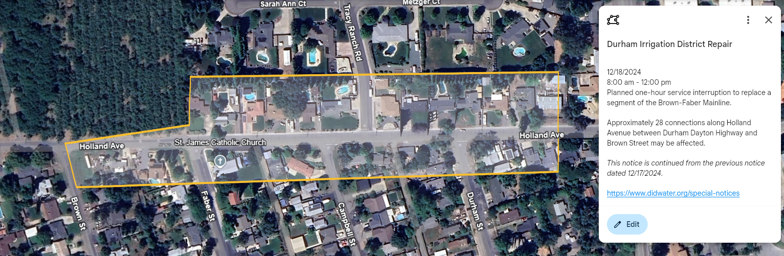 Map showing Durham Irrigation District repair notice for 12/18/2024, affecting Holland Ave area. Includes a service interruption alert.