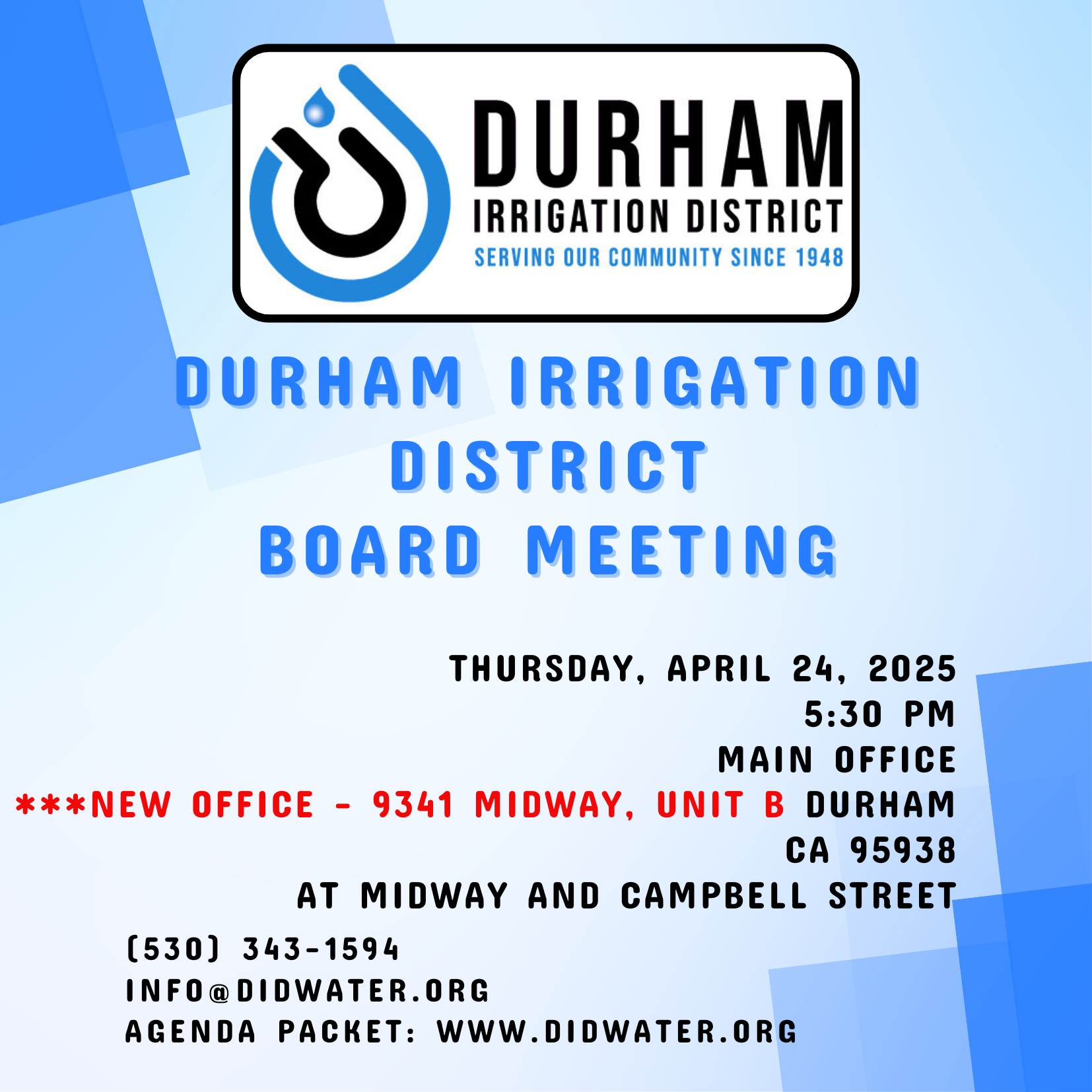 Durham Irrigation District Board Meeting on April 24, 2025, at 5:30 PM, 9341 Midway, Unit B, Durham, CA. Contact: info@didwater.org