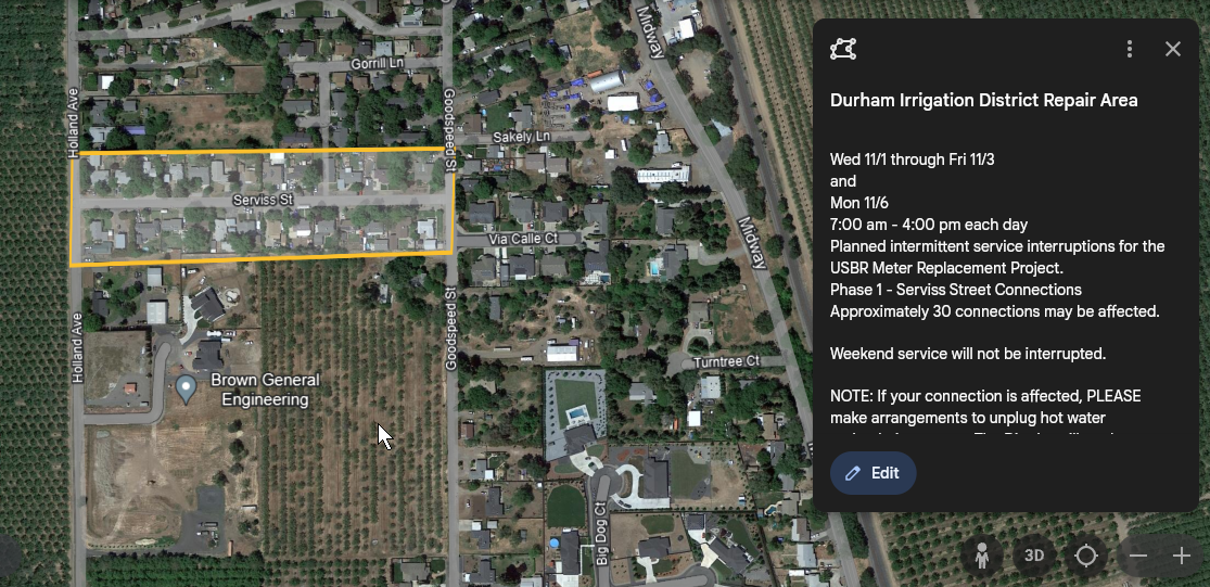 Aerial map image showing planned repair area bounded in yellow - Serviss Street between Holland and Goodspeed.
