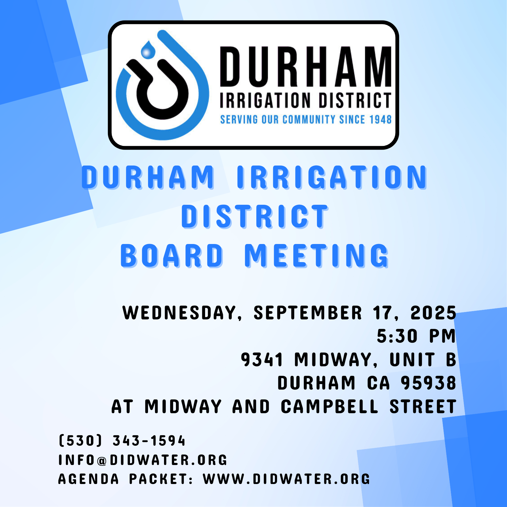 Durham Irrigation District Board Meeting info for September 17, 2025, 5:30 PM at 9341 Midway, Durham, CA. Contact: info@didwater.org