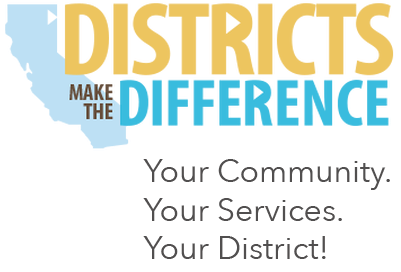 typography in yellow and bloe against a gray background with a silhouette of the state of california in light blue. The text says: Districts make the difference; your community. your services. your district.