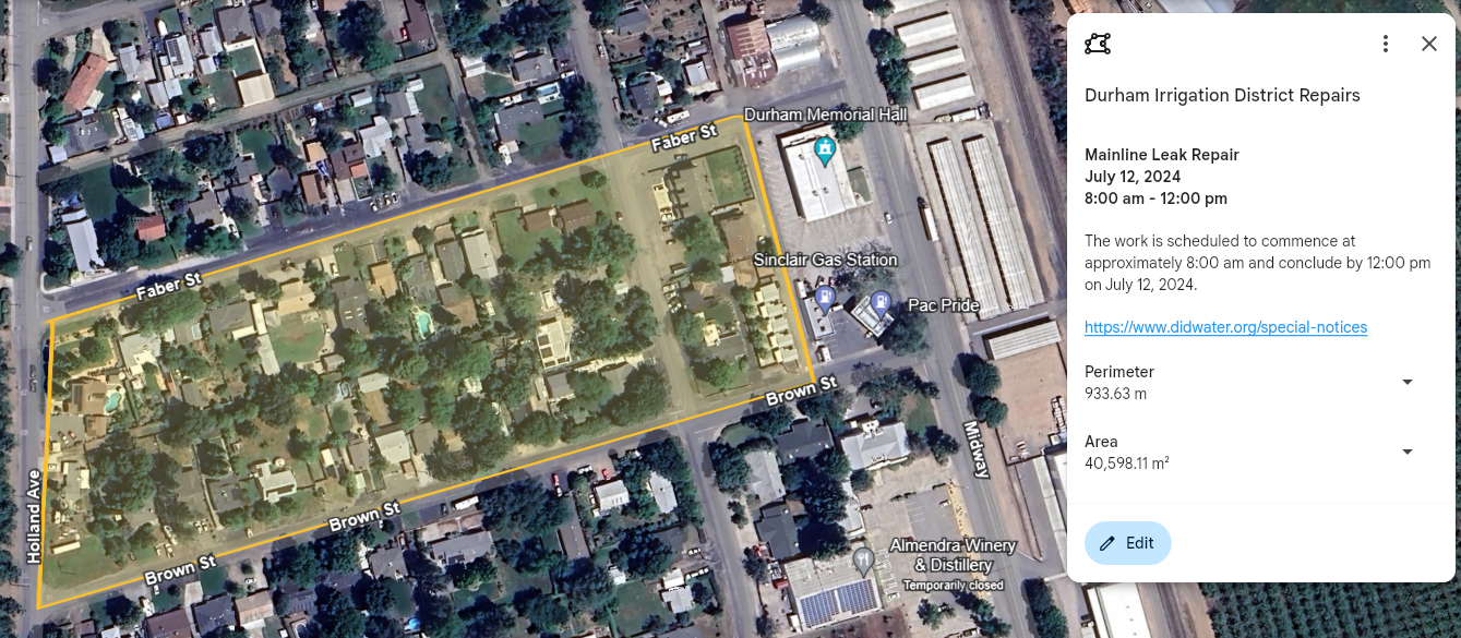Aerial map image showing planned repair area bounded in yellow - between Brown and Faber and Holland and Goodspeed.