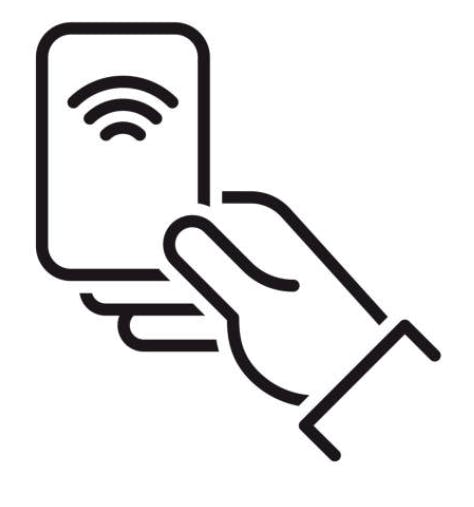 A simplified graphic of a hand holding a smartphone with wireless signal waves, representing mobile connectivity or payment.