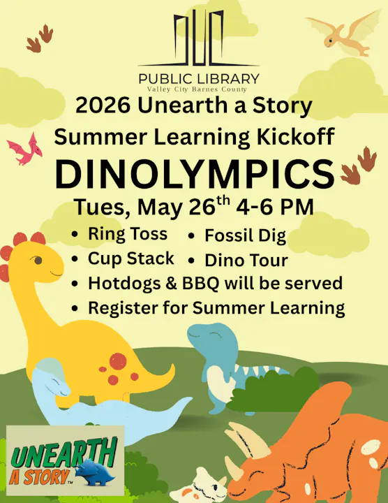 Valley City Public Library hosts "Dinolympics" on May 26, 2026, featuring games, a fossil dig, and BBQ. Register for summer learning!