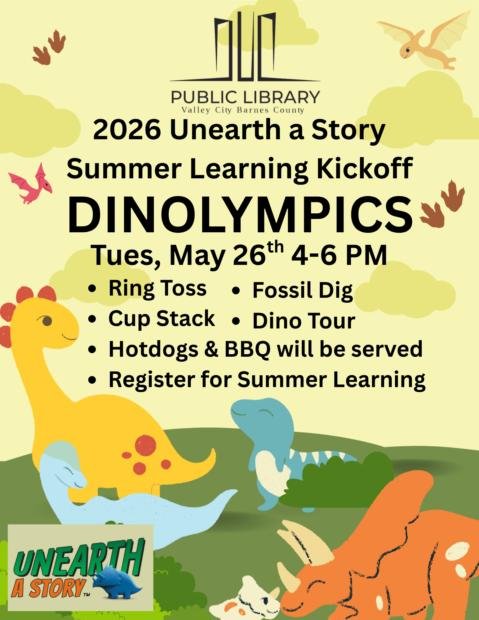 Valley City Public Library hosts "Dinolympics" on May 26, 2026, featuring games, a fossil dig, and BBQ. Register for summer learning!