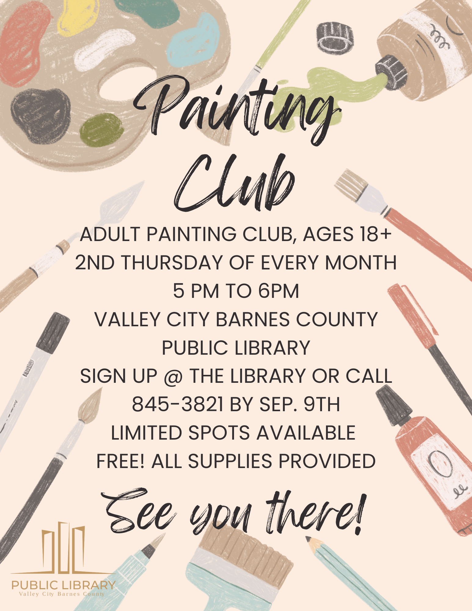 An ad for an Adult Painting Club at a public library with event details and "See you there!" text.