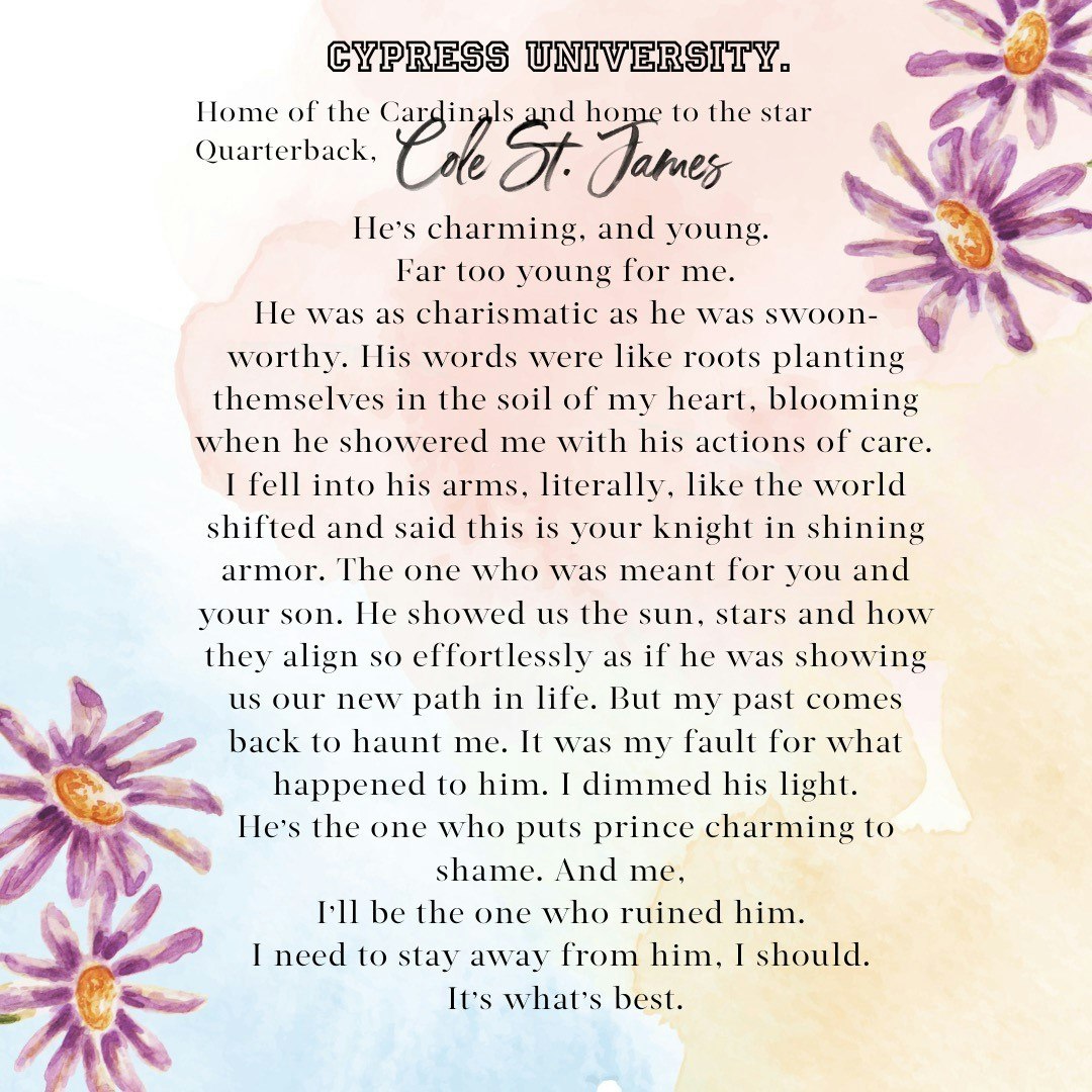 Text excerpt from a romance about "Cole St. James" at "Cypress University," with watercolor flowers.