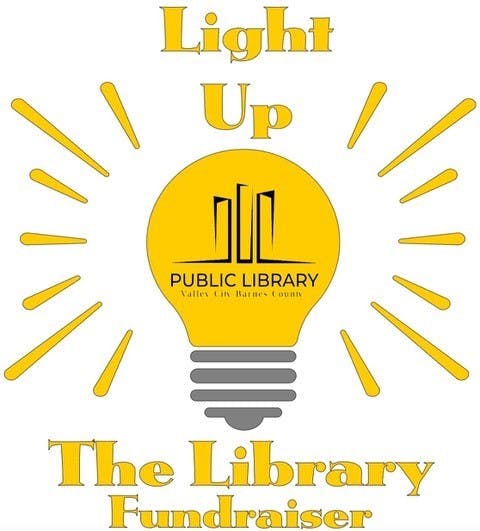 A graphic with a lightbulb and text promoting a public library fundraiser titled "Light Up The Library Fundraiser."