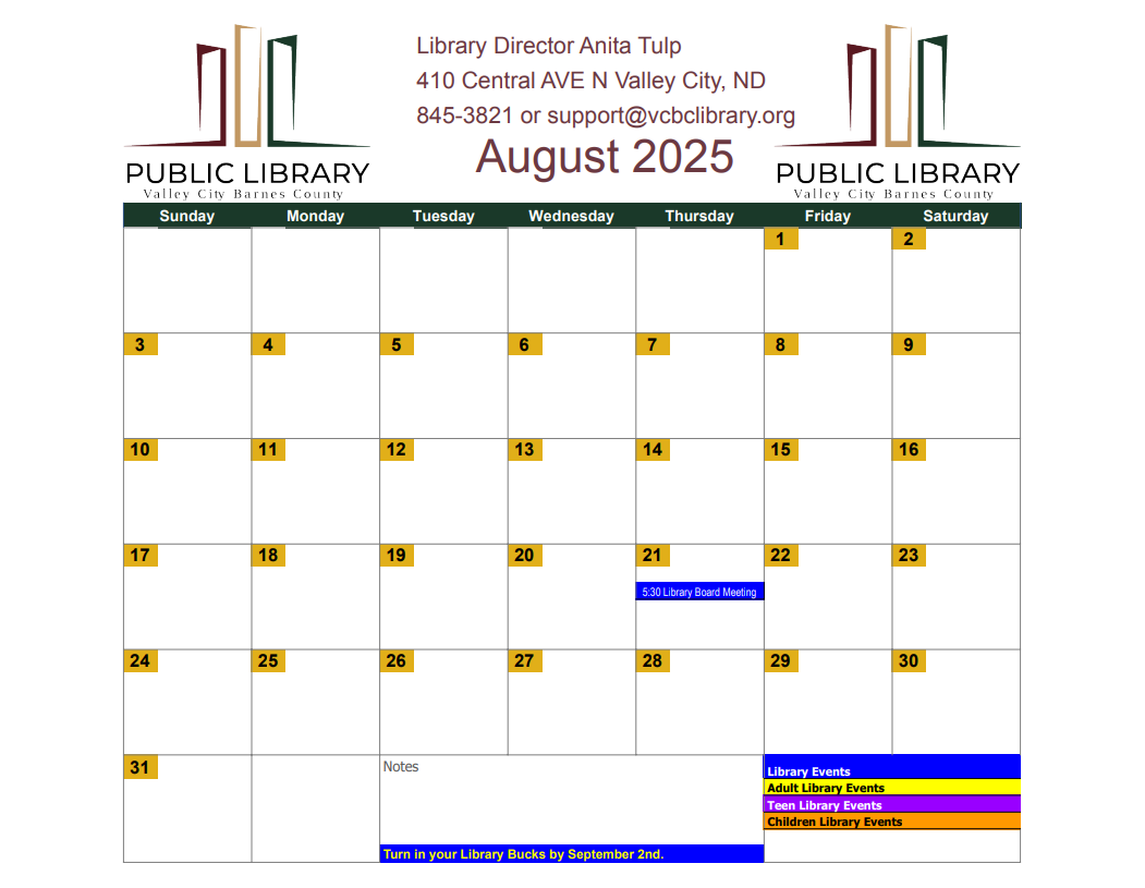 Public Library August 2025 calendar with a board meeting on the 21st. Contact info and notes section included.