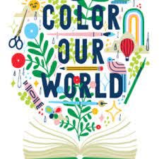 "Color Our World" text with colorful art supplies and nature elements around an open book.
