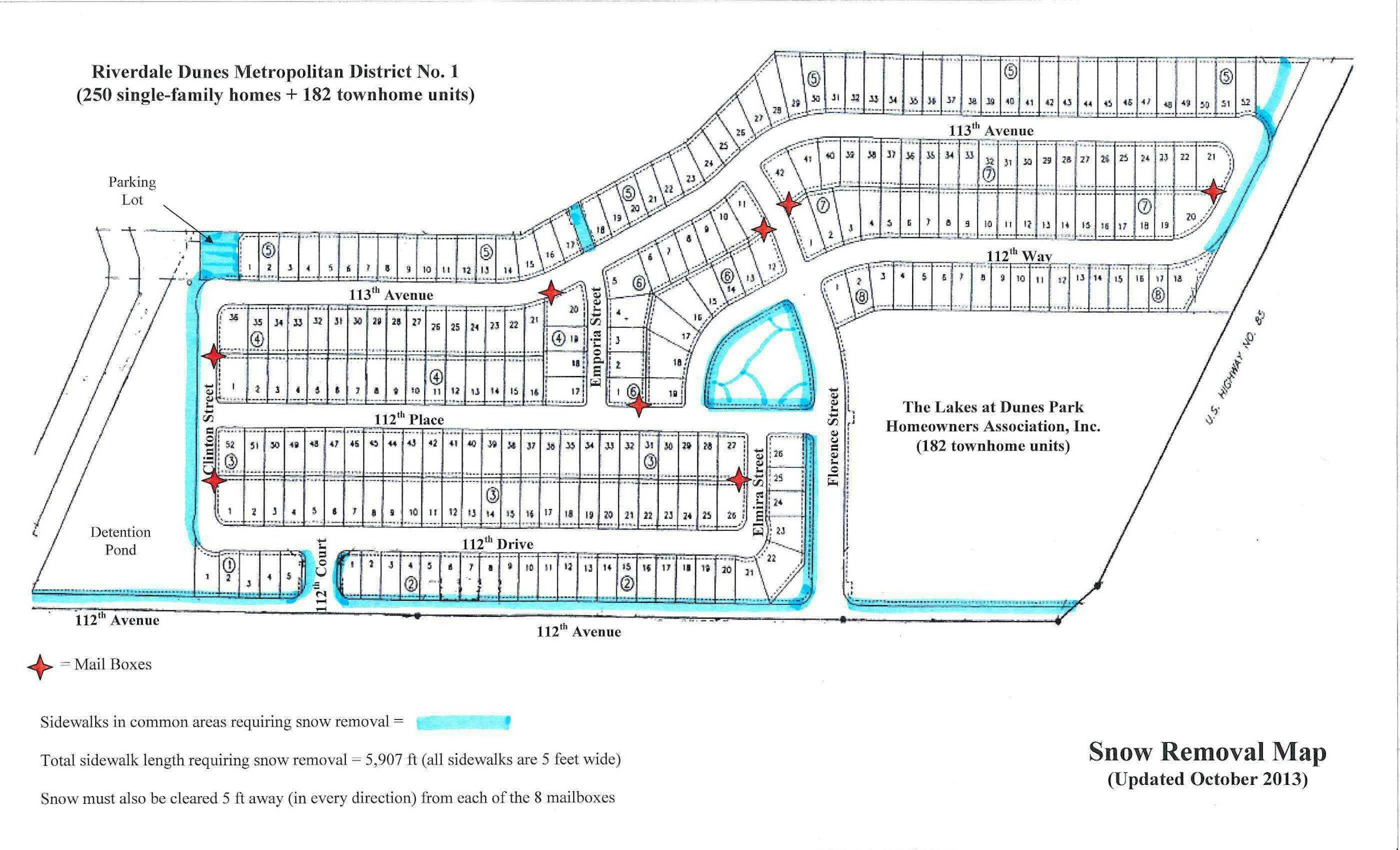 A snow removal map of a residential area with marked mailbox locations and sidewalks needing clearing.