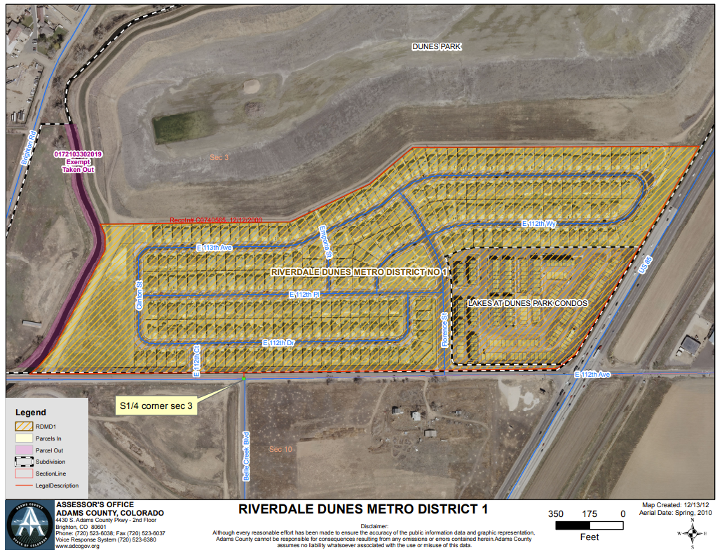 Map of Riverdale Dunes Metro District, featuring street layouts, property boundaries, and Dunes Park in Adams County, Colorado.