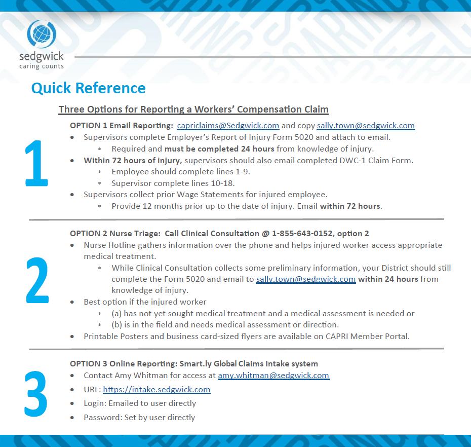 The image is a "Quick Reference" guide detailing three options for reporting a Workers' Compensation Claim for Sedgwick.