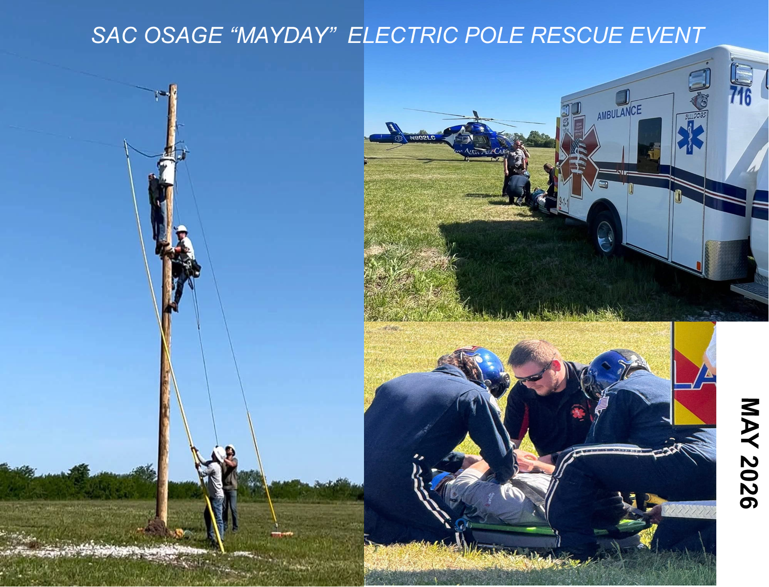 Images show a rescue operation involving an electric pole, an ambulance, and medical personnel attending to someone in distress.