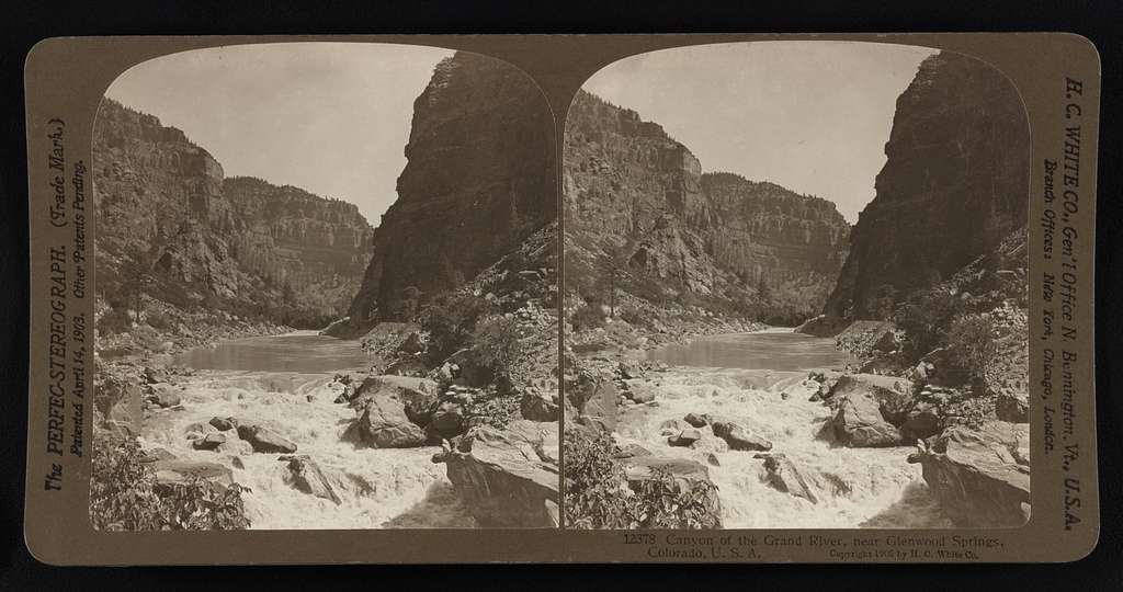 Vintage stereo card showing a rocky river canyon, presumably near Glenwood Springs, Colorado.