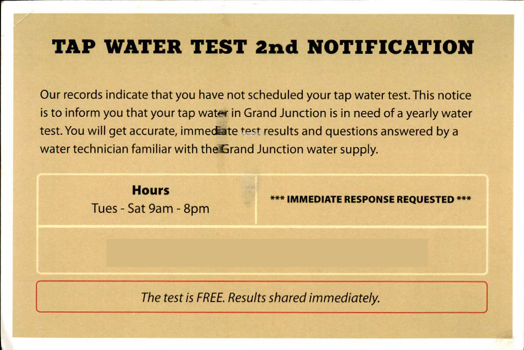 A notification for a tap water test, requesting an immediate response for scheduling, stating the test is free with immediate results.