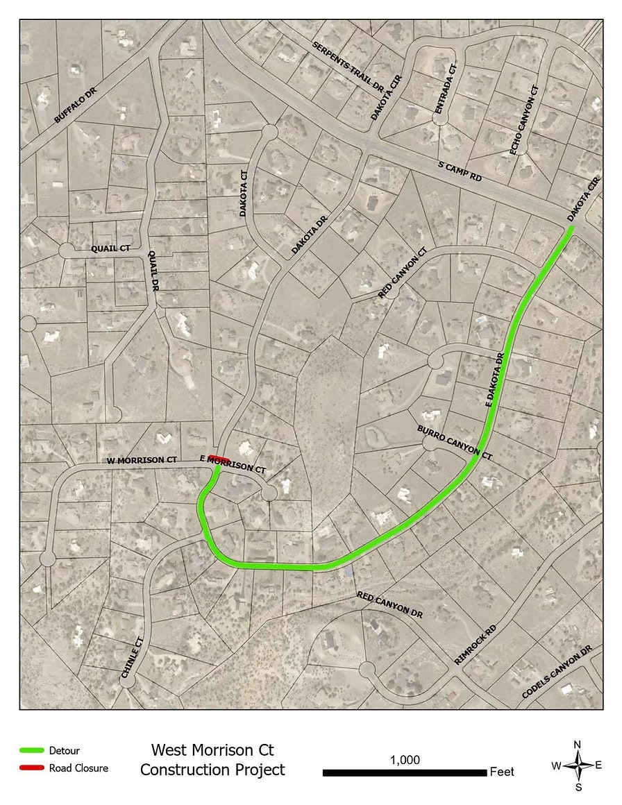 Map of West Morrison Ct showing a green detour route and a red road closure for a construction project.