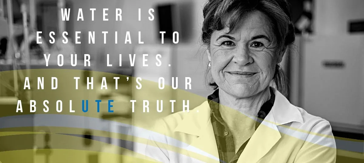 A person in a lab coat with text overlay about the importance of water.