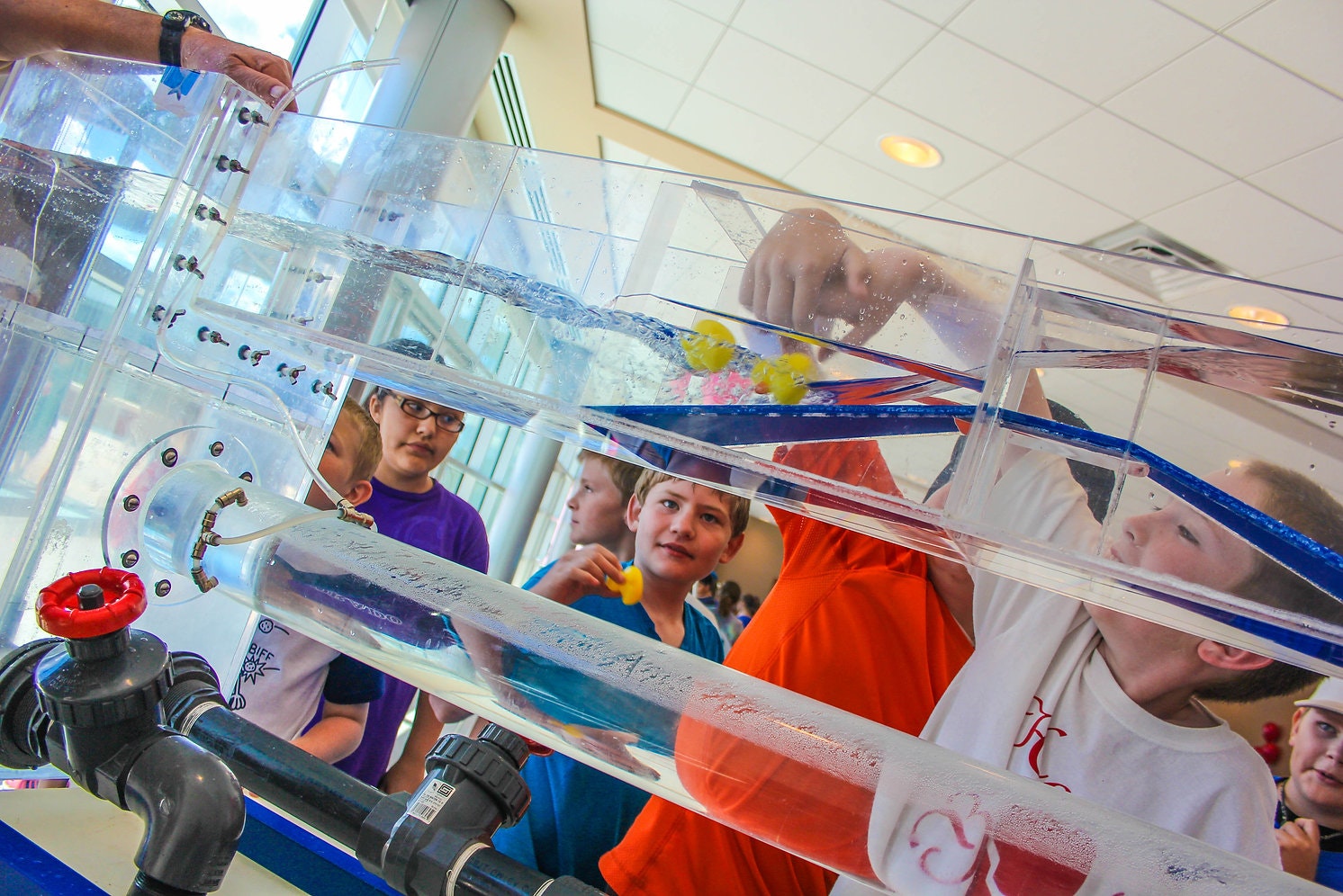 Kids engaging with a water experiment setup, with clear tubes and colorful objects, having an educational experience.