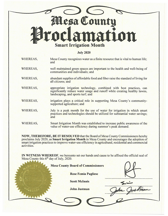 A proclamation from Mesa County designating July 2020 as Smart Irrigation Month, with signatures and a seal.