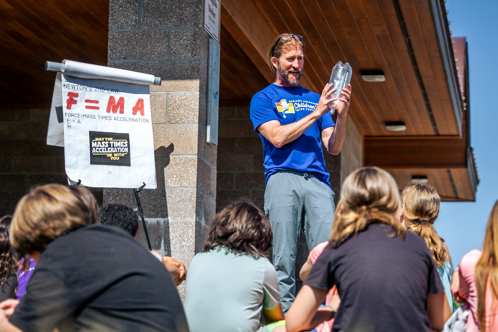 A person demonstrates physics to a group, holding a bottle with a Newton's 2nd law poster nearby.