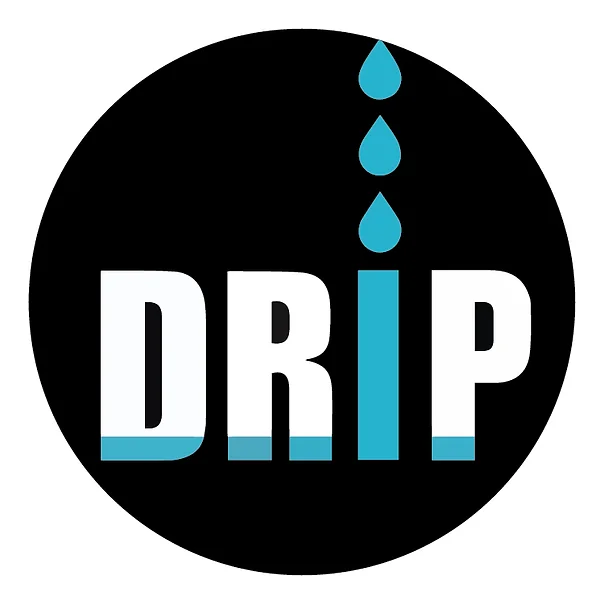 A black circle with the word "DRIP" in white and blue letters, embellished with blue water droplets above the text.