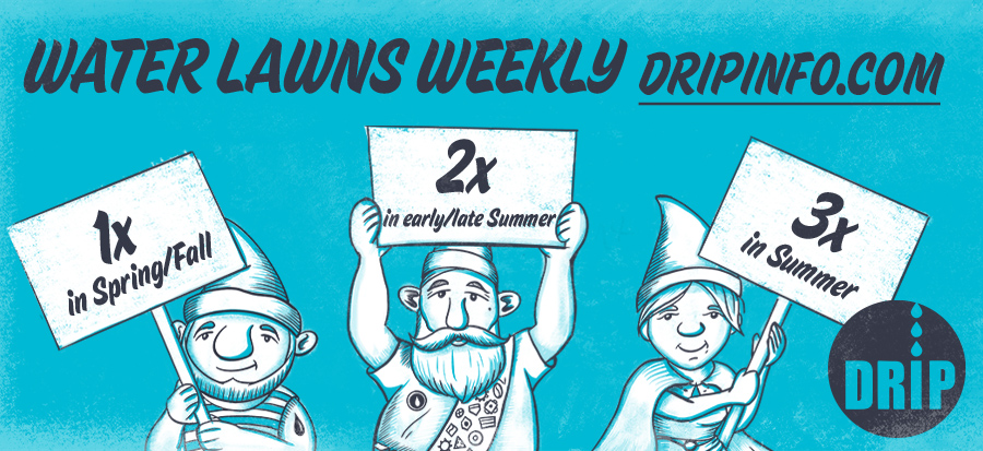 Cartoon characters holding signs about watering lawns weekly; 1x in spring/fall, 2x in late summer, 3x in summer.