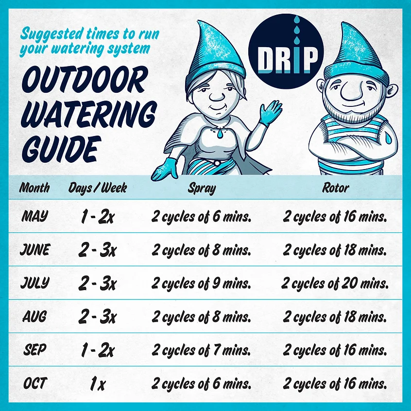 An illustrated outdoor watering guide with monthly schedules and two garden gnome characters.