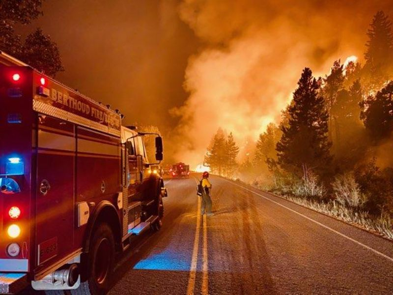 A firefighter stands near a fire truck as a wildfire burns through a forest by a road.