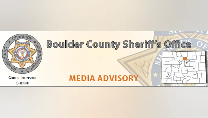 A media advisory from the Boulder County Sheriff's Office, featuring a badge and map location in Colorado.